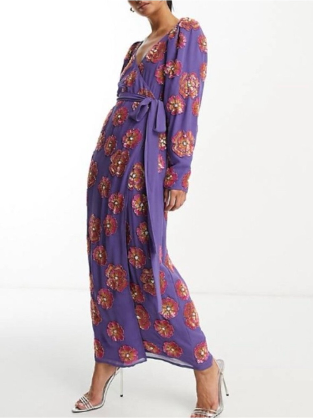 ASOS Purple Sequin Floral Wrap Maxi Dress with Tie Waist